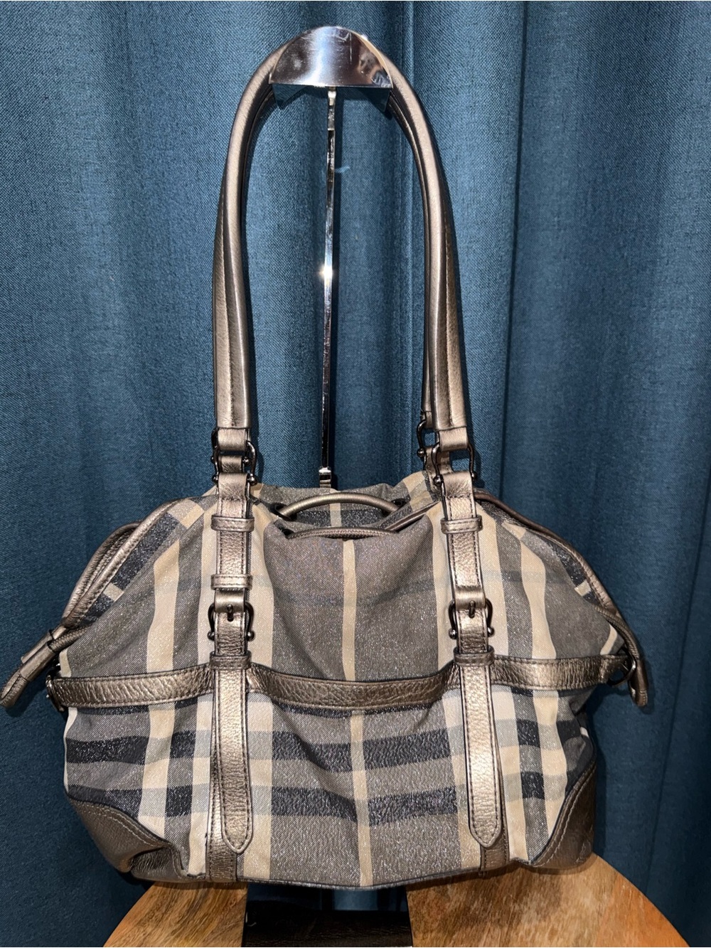 Burberry Metallic Plaid Shoulder Tote with Leather Trim